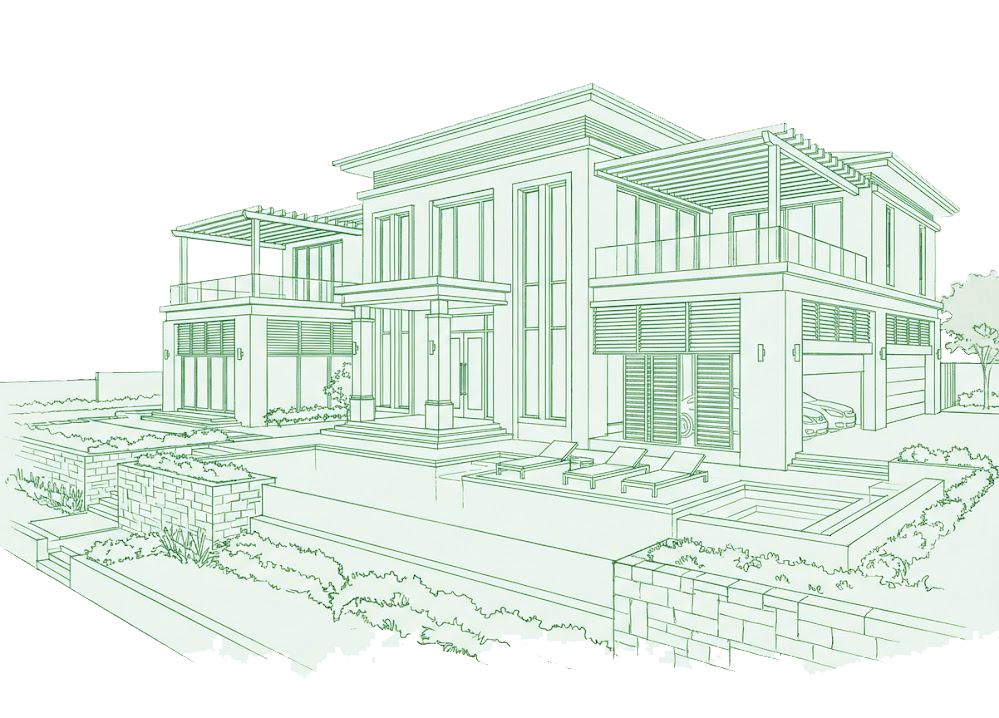 Casa moderna con piscina y jardín.